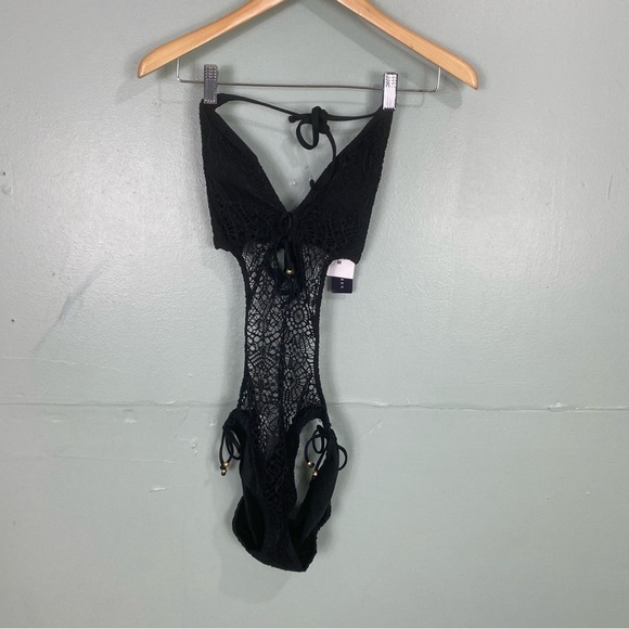 Ralph Lauren Blue Label Black Crochet Lace One Piece Swimsuit Swim Bikini Beach - Picture 2 of 5